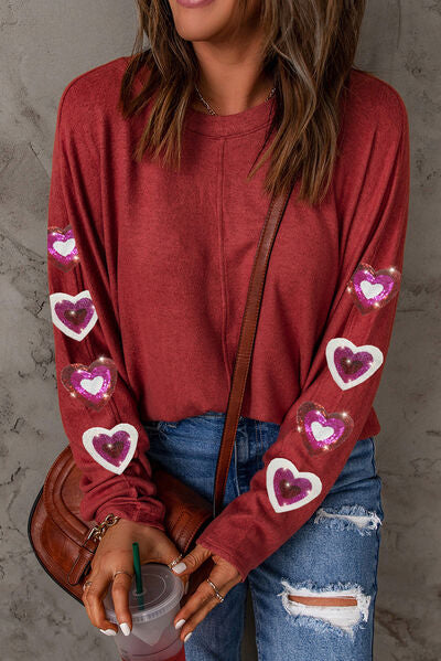 Heart Sequin Round Neck Long Sleeve T Shirt