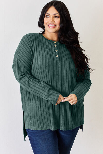 Full Size Ribbed Half Button Long Sleeve High Low T Shirt