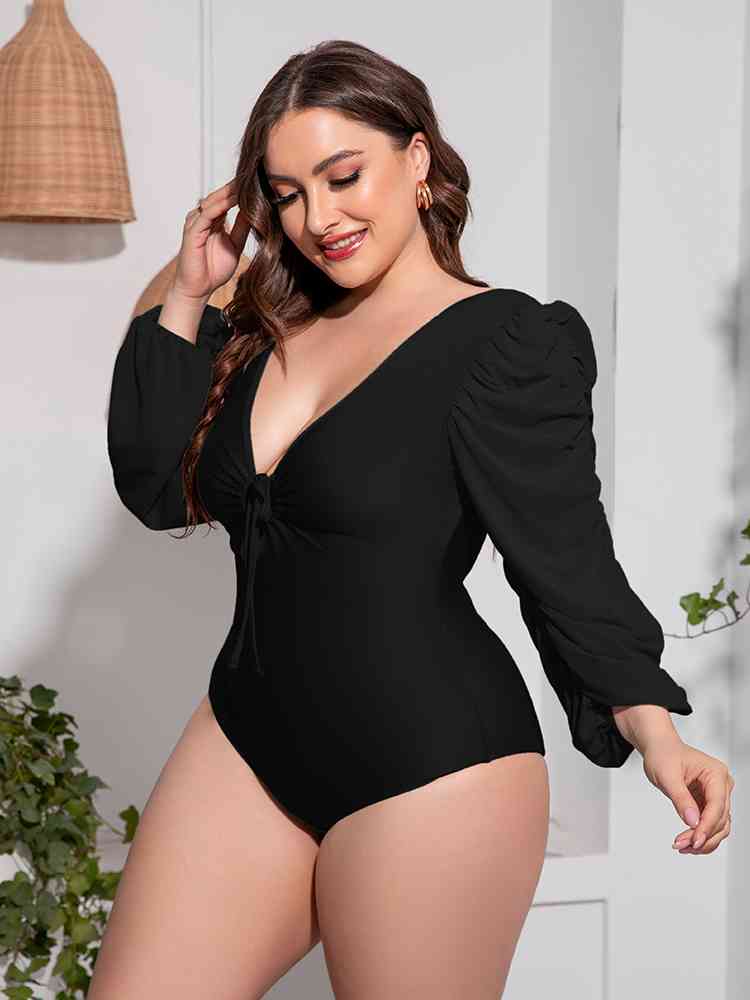 Plus Size Tied Deep V Balloon Sleeve One Piece Swimsuit