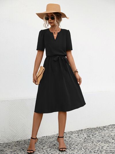 Tied Notched Short Sleeve Casual Dress