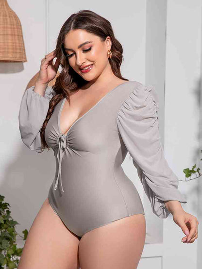 Plus Size Tied Deep V Balloon Sleeve One Piece Swimsuit