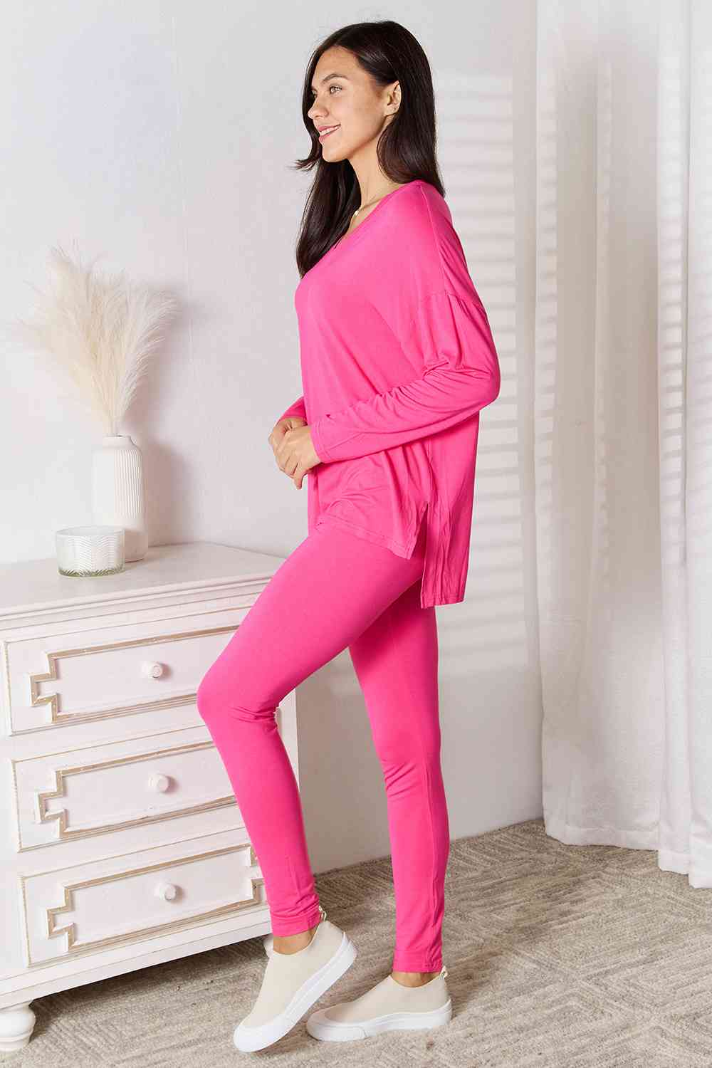 V Neck Soft Rayon Long Sleeve Top and Pants Lounge Set