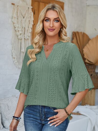 Eyelet Notched Half Sleeve T Shirt