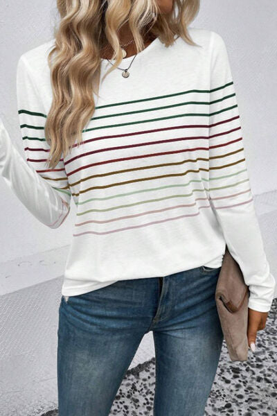 Striped Round Neck Long Sleeve T Shirt