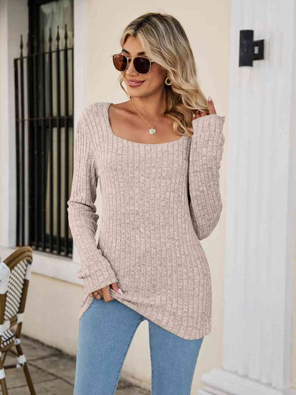 Square Neck Ribbed Long Sleeve T Shirt