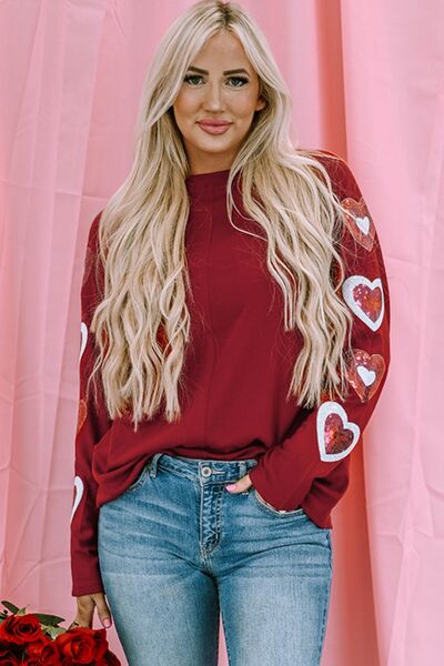 Heart Sequin Round Neck Long Sleeve T Shirt