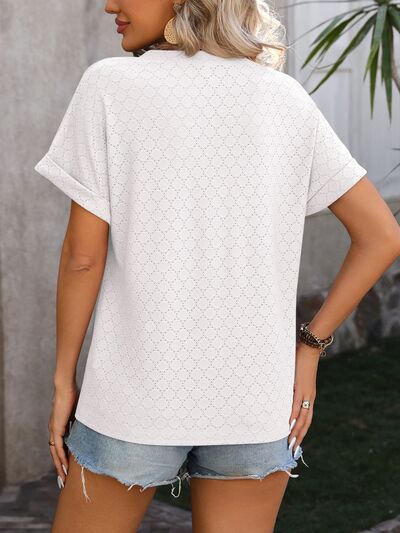 Eyelet Notched Short Sleeve T Shirt