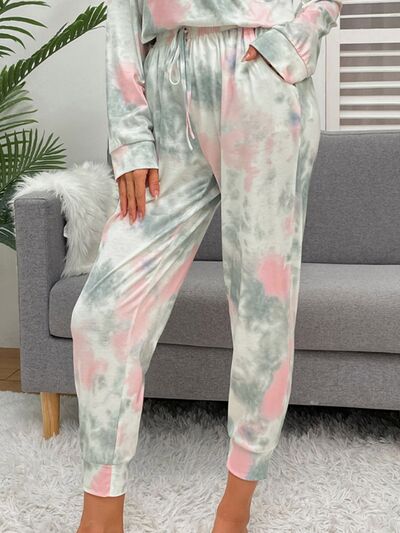 Tie Dye Round Neck Top and Drawstring Pants Lounge Set