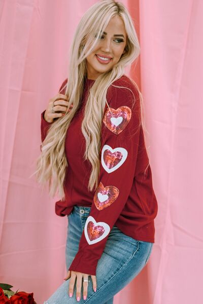 Heart Sequin Round Neck Long Sleeve T Shirt