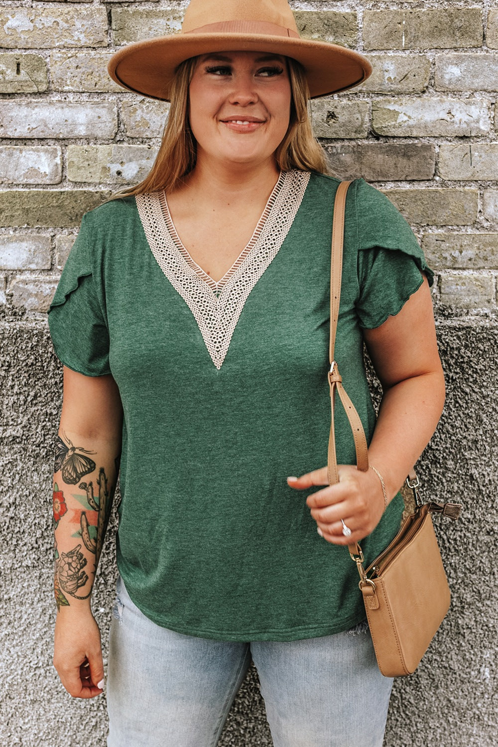 Plus Size V Neck Petal Sleeve Blouse