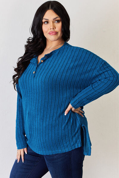 Full Size Ribbed Half Button Long Sleeve High-Low T-Shirt