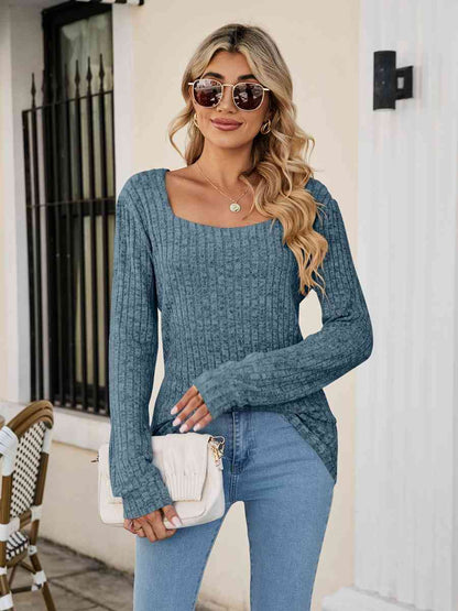 Square Neck Ribbed Long Sleeve T Shirt