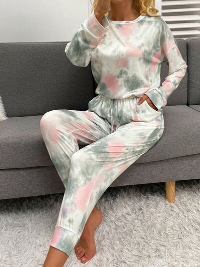 Tie Dye Round Neck Top and Drawstring Pants Lounge Set