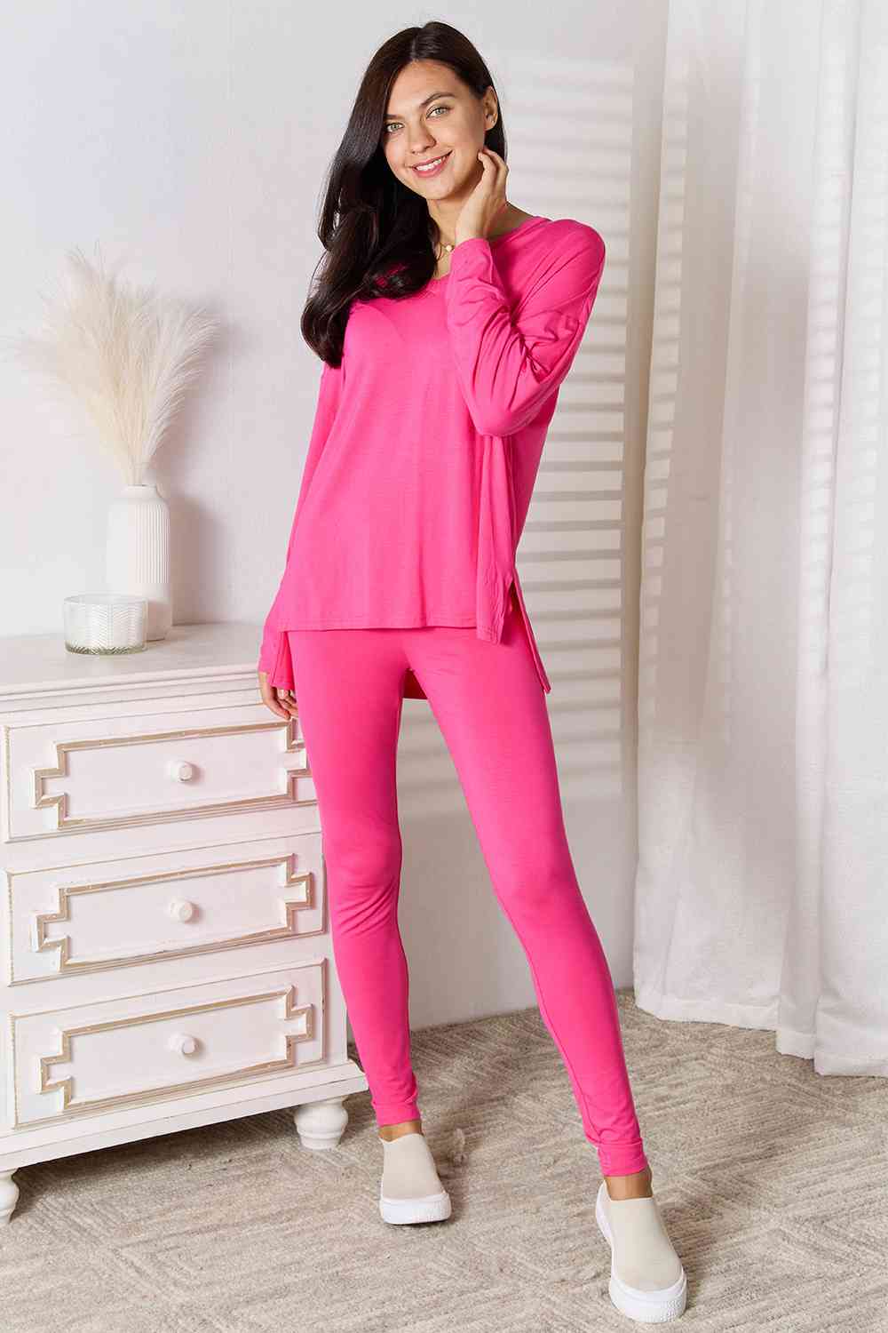 V Neck Soft Rayon Long Sleeve Top and Pants Lounge Set