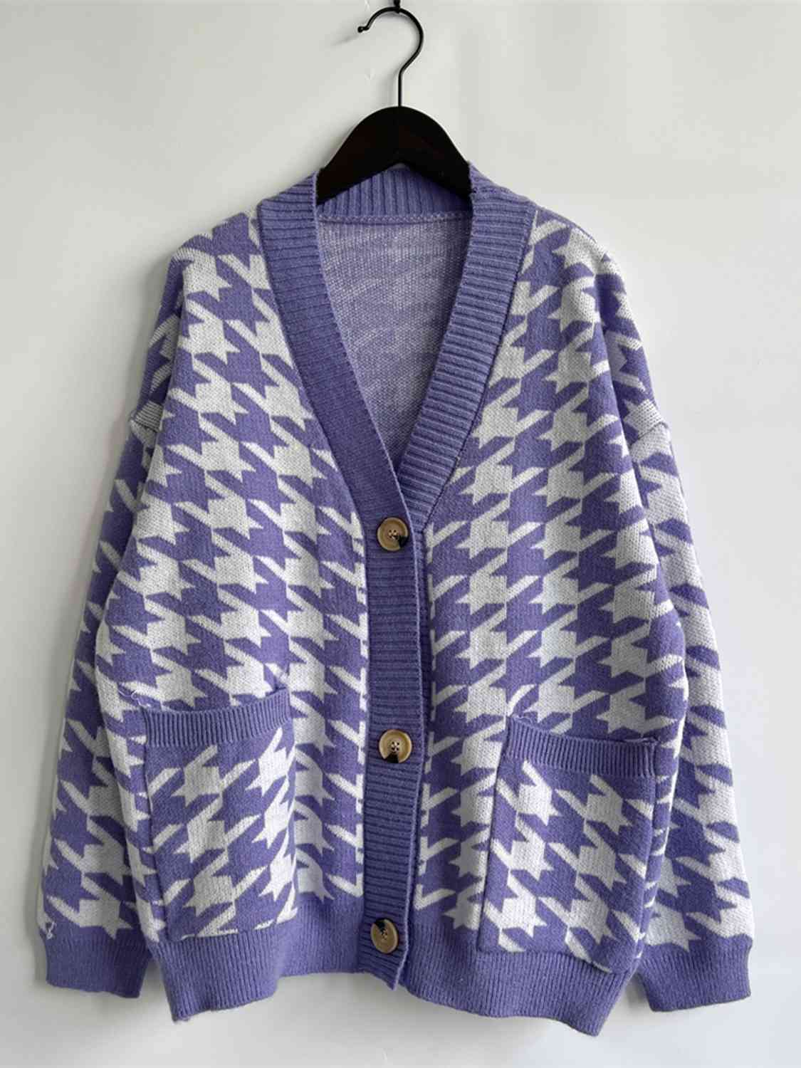 Houndstooth Botton Front Cardigan with Pockets