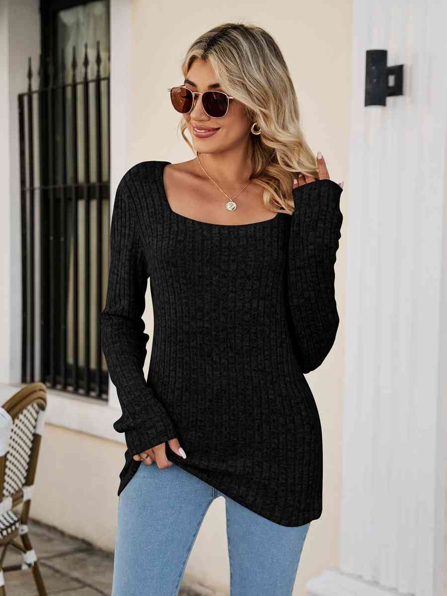 Square Neck Ribbed Long Sleeve T Shirt