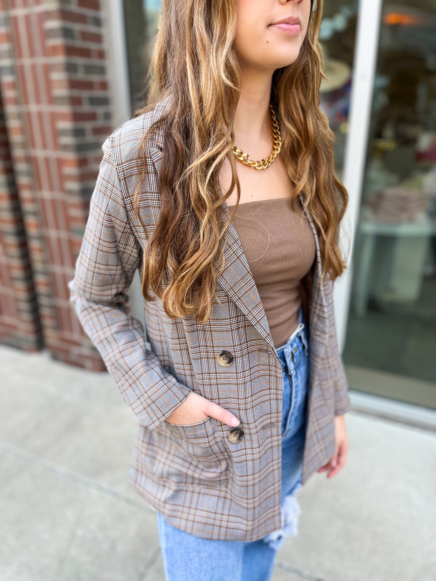 Preptastic Brown Orange Plaid Blazer