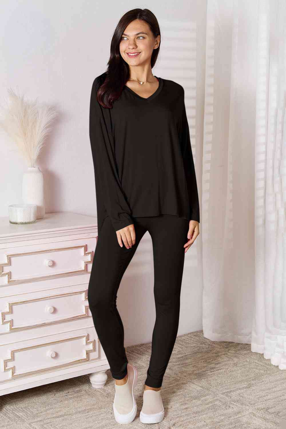 V Neck Soft Rayon Long Sleeve Top and Pants Lounge Set