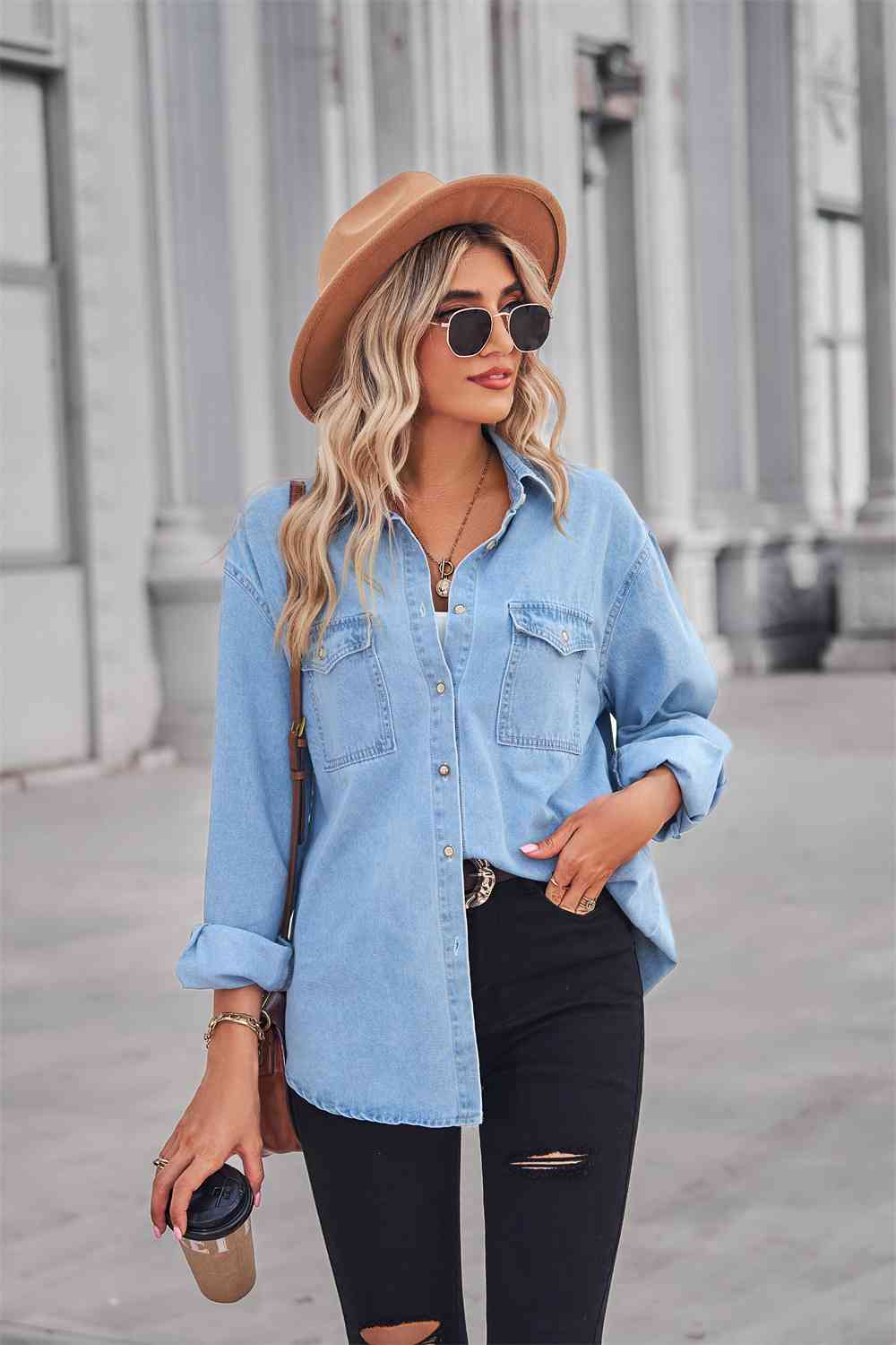 Collared Neck Dropped Shoulder Denim Top