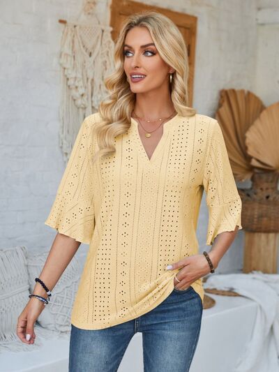 Eyelet Notched Half Sleeve T Shirt