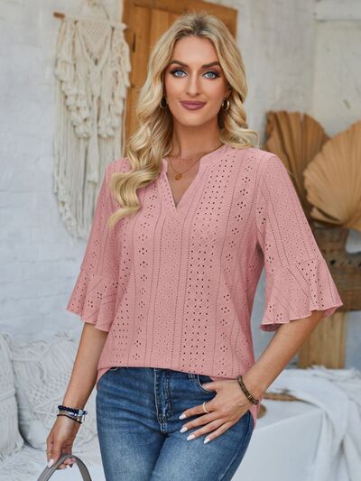 Eyelet Notched Half Sleeve T Shirt