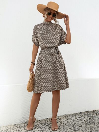 Tied Printed Mock Neck Short Sleeve Dress