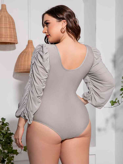 Plus Size Tied Deep V Balloon Sleeve One Piece Swimsuit