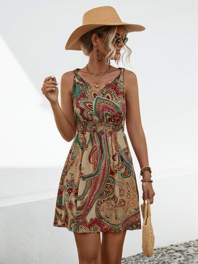 Smocked Printed V Neck Mini Dress