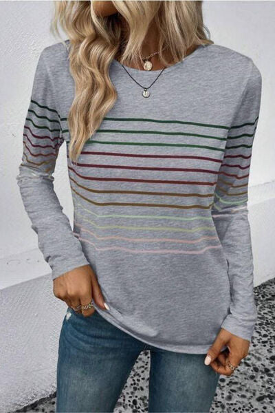 Striped Round Neck Long Sleeve T Shirt