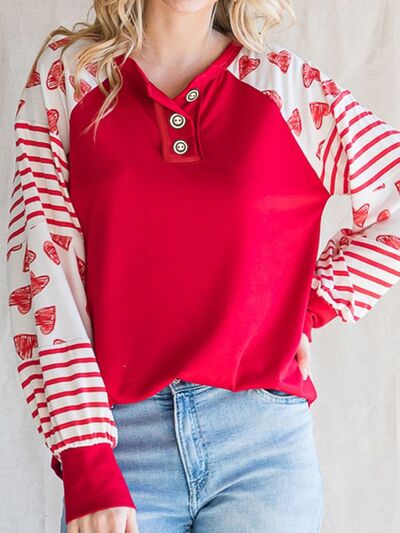 Heart Striped Quarter Button Long Sleeve T Shirt