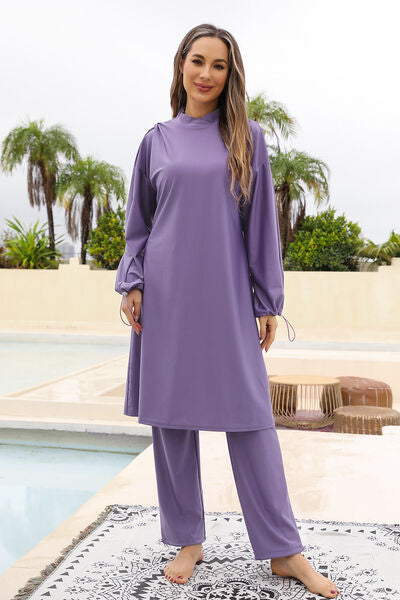 Cap, Drawstring Mock Neck Long Sleeve Top and Pants Dress