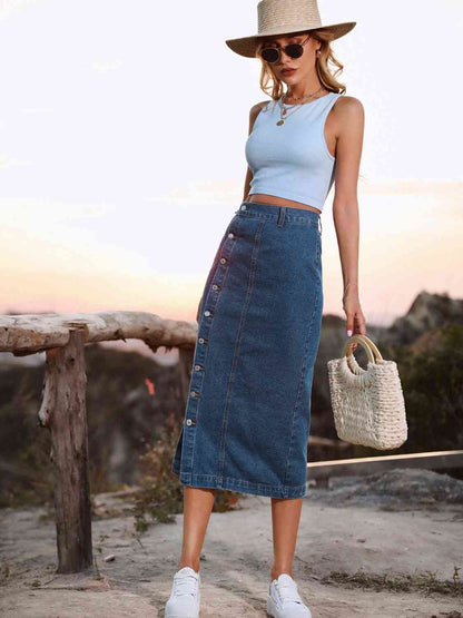 Button Down Midi Denim Skirt