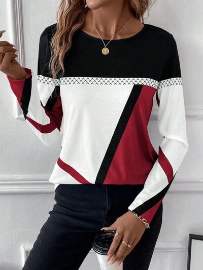 Contrast Round Neck Long Sleeve Tops