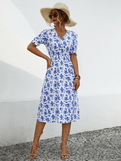 Slit Printed V Neck Short Sleeve Casual Dress