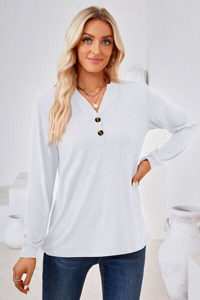 Notched Button Detail Long Sleeve T Shirt