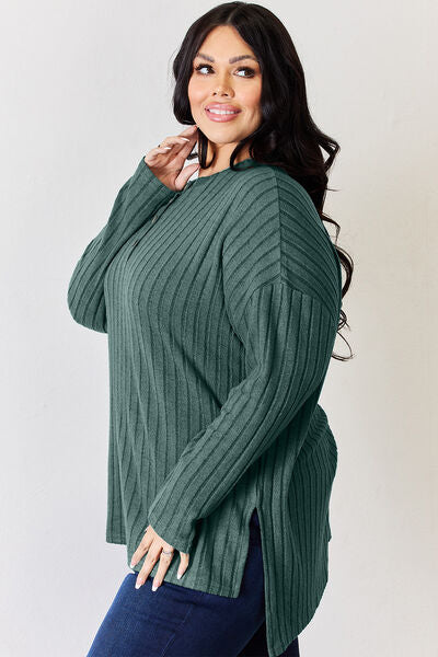 Full Size Ribbed Half Button Long Sleeve High Low T Shirt