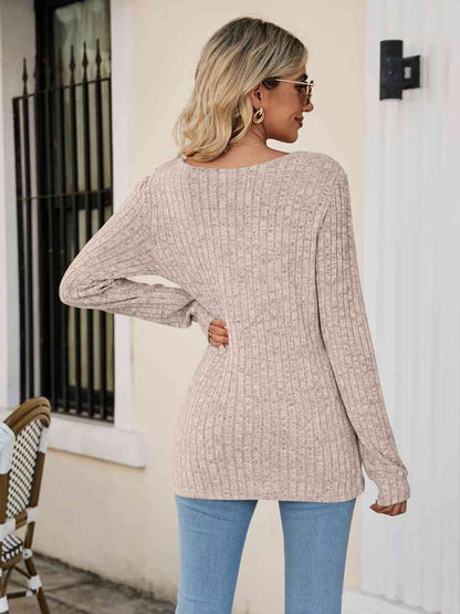 Square Neck Ribbed Long Sleeve T Shirt