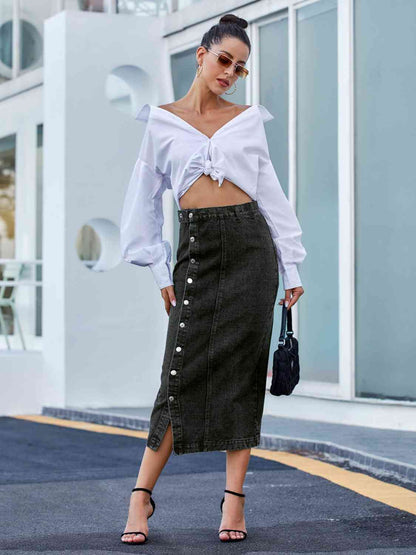 Button Down Midi Denim Skirt