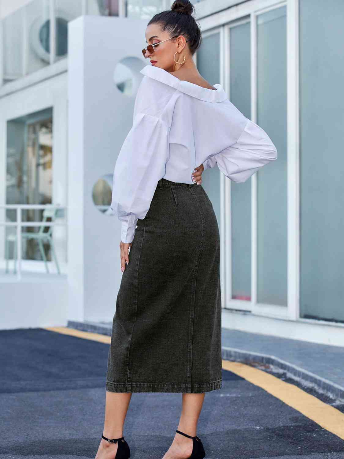 Button Down Midi Denim Skirt