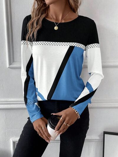 Contrast Round Neck Long Sleeve Tops