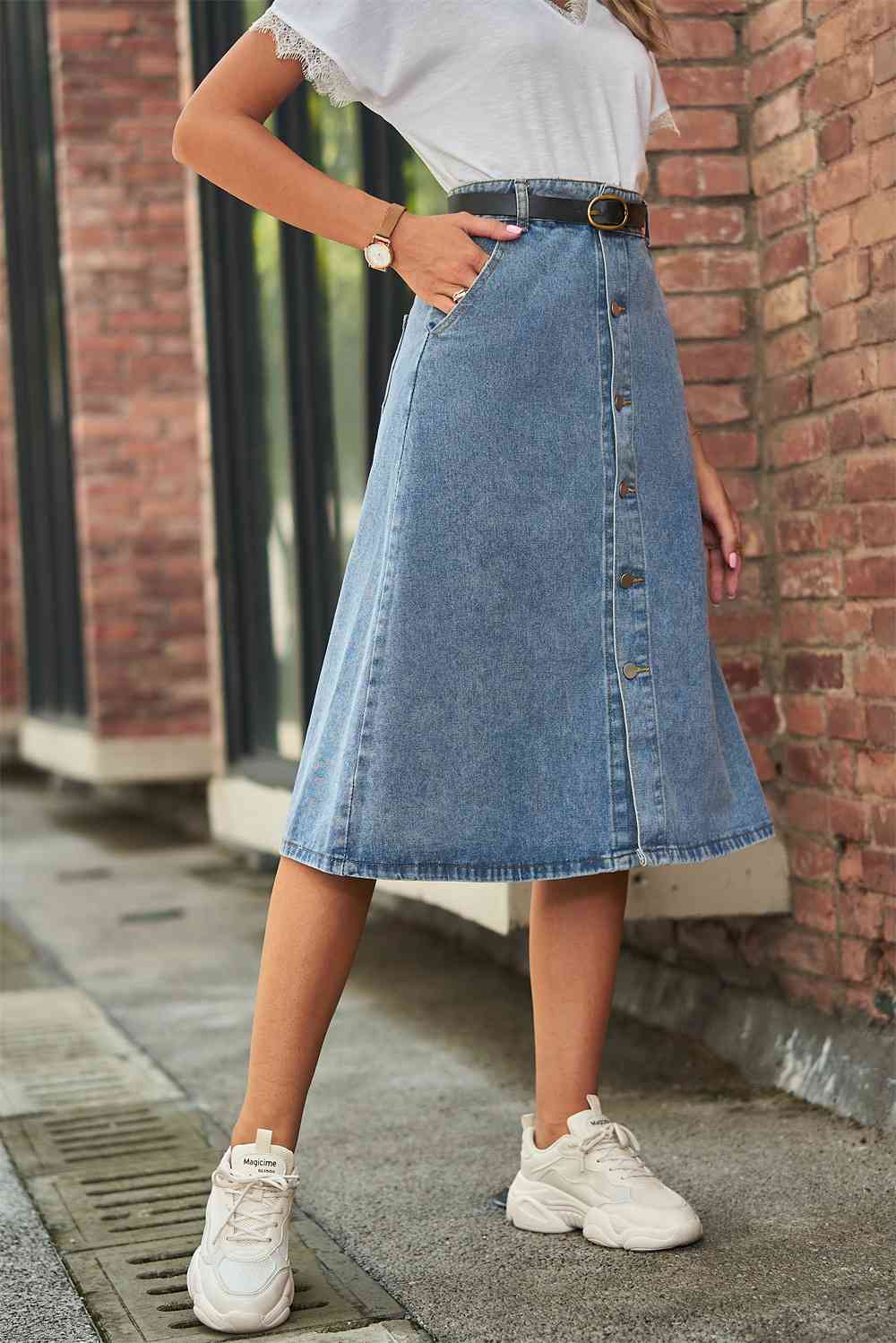 Button Front A Line Denim Skirt