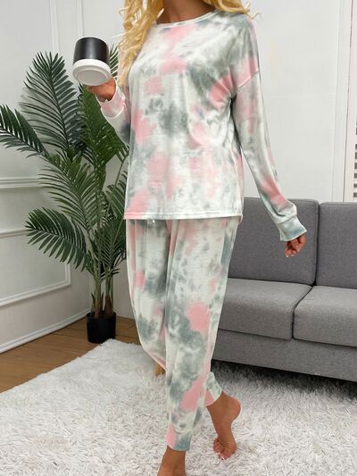 Tie Dye Round Neck Top and Drawstring Pants Lounge Set