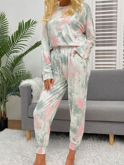 Tie Dye Round Neck Top and Drawstring Pants Lounge Set