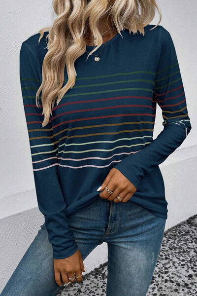 Striped Round Neck Long Sleeve T Shirt