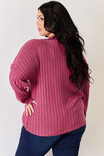 Full Size Ribbed Half Button Long Sleeve High Low T Shirt