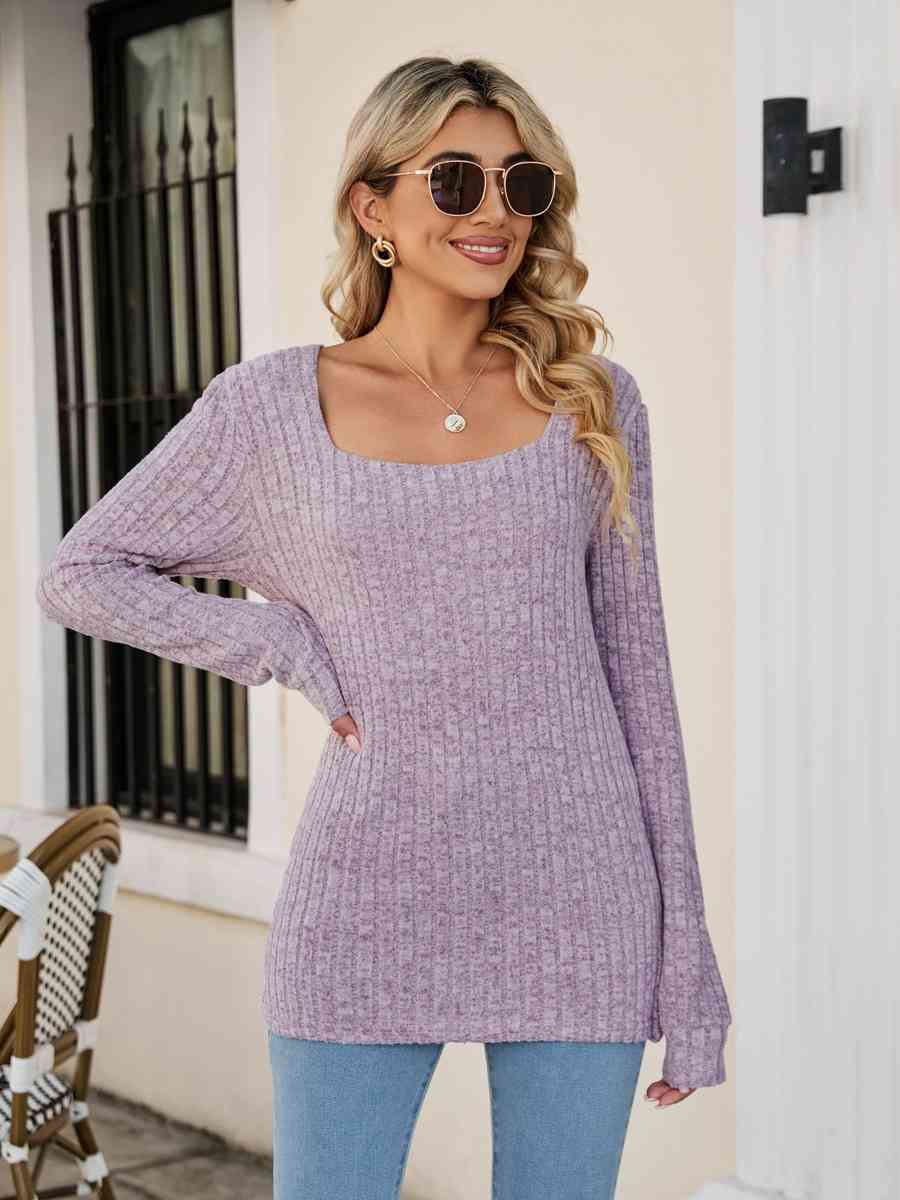 Square Neck Ribbed Long Sleeve T Shirt