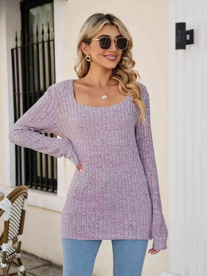 Square Neck Ribbed Long Sleeve T Shirt