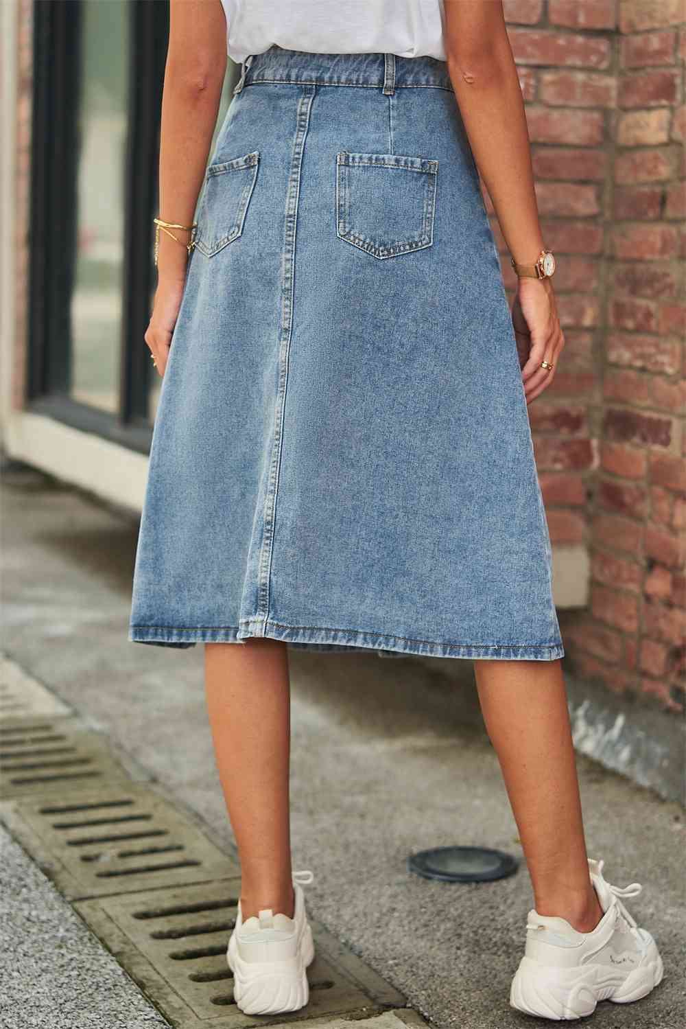 Button Front A Line Denim Skirt