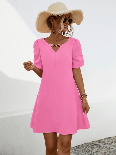 Chain Notched Short Sleeve Casual Dress