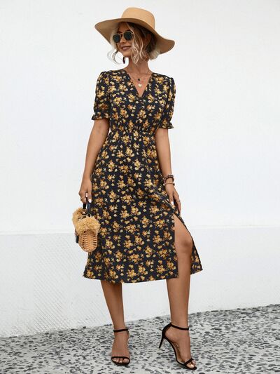 Slit Printed V Neck Short Sleeve Casual Dress